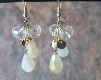 Creamy Gold Crystal Dangle Earrings, Festival Jewelry