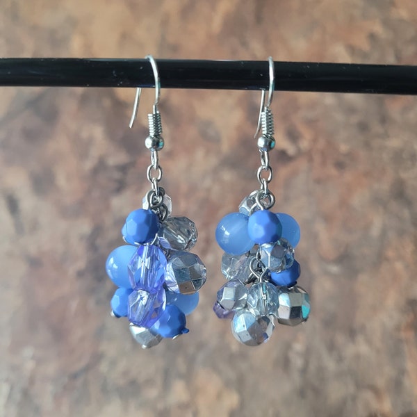 Blue Earrings,  Bead Cluster Earrings, Cluster Earrings, Crystal Earrings, Dangle Earrings, Drop Earring, Handmade Earrings, Silver