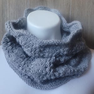 Knitted Cowl, Knitted Scarf, Neck Cowl Scarf,  Hand Knitted Neck Warmer, Grey Cowl, Gray Cowl, Grey Scarf, Gray Scarf, Feather and Fan