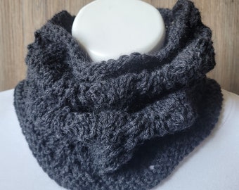 Knitted Cowl Scarf, Neck Cowl Scarf,  Hand Knitted Neck Warmer, Grey Cowl, Grey Scarf, Gray Cowl, Gray Scarf, Feather and Fan, Charcoal