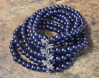 Blue Pearl Bracelet, Navy Stretch Bead Bracelet, Seven Strand Silver Leaf Spacer Bar