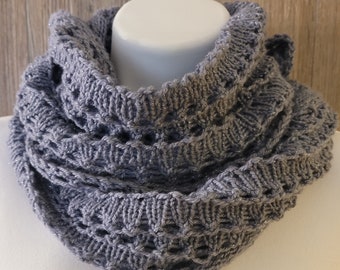 Knit Shawl, Knitted Neck Warmer Scarf, Hand Knitted Scarf, Handmade Shawl, Gray Shawl, Gray Scarf, Gray with silver sparkle