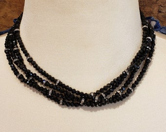 Black Crystal Necklace, Multi-Strand Necklace, Crystal Necklace, Handmade Necklace, Crystal Bead Necklace, Four Strand Necklace