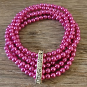 Hot Pink Bracelet, Multi-Strand Bracelet, Stretch Bracelet,  Glass Bead Bracelet, Chunky Bracelet,  Handmade Bracelet, Pearl Bracelet