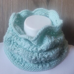 Knitted Cowl, Knitted Scarf, Neck Cowl Scarf,  Hand Knitted Neck Warmer, Mint Green Cowl, Light Green Cowl, Feather and Fan