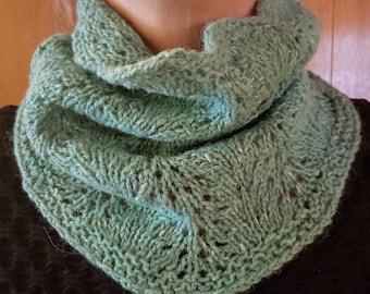 Knitted Cowl Scarf, Neck Cowl Scarf,  Hand Knitted Neck Warmer, Green Cowl, Kelly Green Cowl, Green Tweed, Feather and Fan