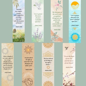 May include: Set of 8 bookmarks featuring inspirational quotes from Baha'u'llah and Abdu'l-Baha. Each bookmark has a unique watercolour design with a quote about peace, love, unity, and justice. The bookmarks are printed on high-quality paper and are ideal for adding a touch of inspiration to your reading.