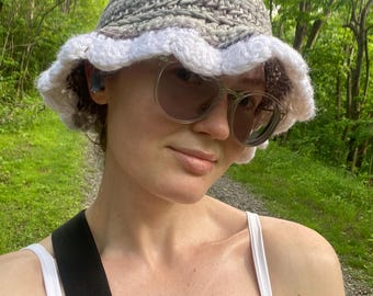 Bucket Sun Hat Cotton Crochet Wearable - Multiple Colors, Great for Couples! (Cottagecore Vibes) Shell Ruffle Trim Version