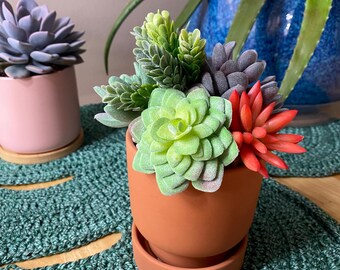 Succulent Arrangement Lifelike Decor Terracotta Planter 4” with Saucer and Decorative Rocks