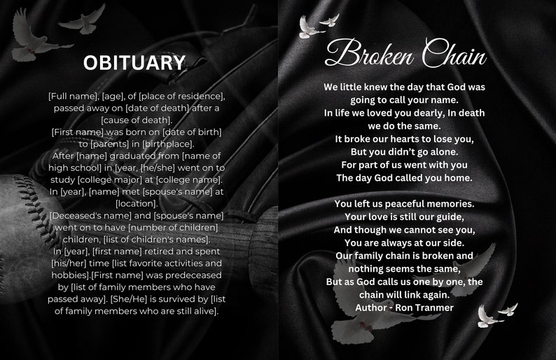 17 X 11 (8 Pages) Editable Obituary Template Using Canva, Funeral
