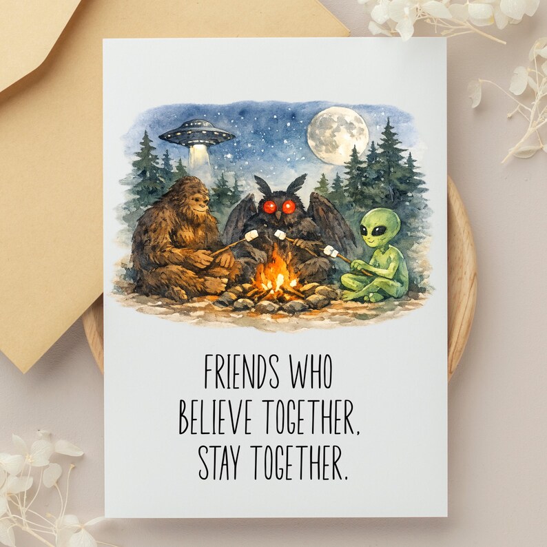 Folklore Card for Friend, Watercolor Cryptid Campfire Card, Bigfoot ...