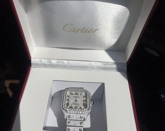 Fully iced out VVS1 moisenite cartier santos watch 41 mm comes with official box
