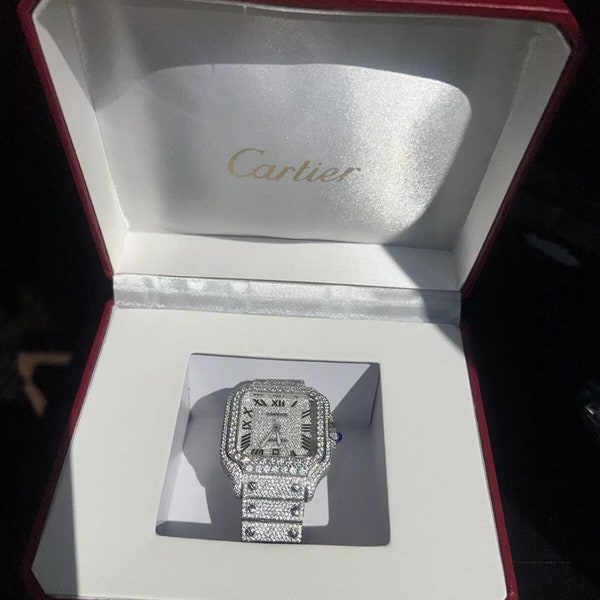 Fully iced out VVS1 moisenite cartier santos watch 41 mm comes with official box