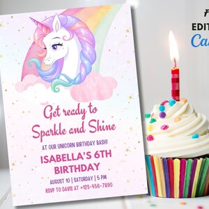 Modello di invito di compleanno di unicorno, invito di unicorno arcobaleno, invito di ragazze di unicorno arcobaleno pastello, invito di compleanno di giorno magico
