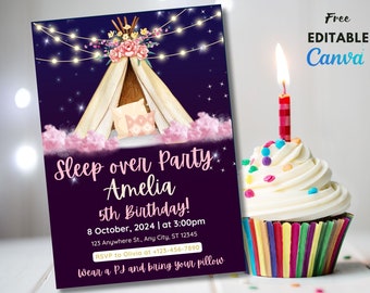 Sleepover Birthday Invitation, Printable Sleepover Invite, Slumber Party, Pajama Party, Retro Neon Lights Editable Template