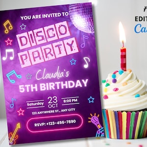 Editable Disco Party Invitation Neon Glow Disco Dance Party Invitation Neon Glow Disco Party Neon Disco Dance Party Instant Download