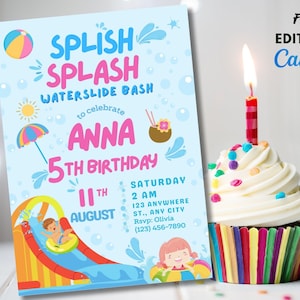 Editable Splish Splash Birthday Invitation Pool Party Girl Summer Waterslide Water Party Pink Download Printable Invite Template
