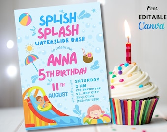 Editable Splish Splash Birthday Invitation Pool Party Girl Summer Waterslide Water Party Pink Download Printable Invite Template