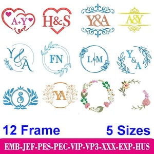 May include: A collection of 12 frames in various styles, including hearts, wreaths, and circular designs, each featuring initials or monograms. The image also displays the text "12 Frame" and "5 Sizes" in a bold font, along with a list of file formats.