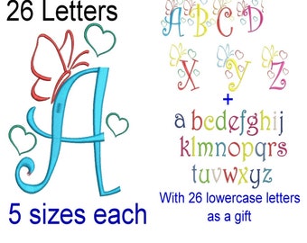 Charming Monogram Alphabet 26 Machine Embroidery Designs Adorned with Beautiful Butterflies and Lovely Hearts