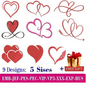 Peut inclure: Neuf motifs de broderie représentant différentes formes de cœurs en rouge, rose et noir. Les motifs comprennent des cœurs avec des volutes, des symboles d'infini et des flèches. Le texte "9 Designs: 5 Sizes + FREE GIFT" est en bas de l'image. Le texte "EMB-JEF-PES-PEC-VIP-VP3-XXX-EXP-HUS" est en bas de l'image.