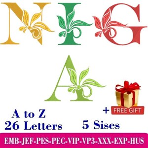 Peut inclure: Un design numérique avec les lettres N, I, G et A, chacune ornée de motifs floraux. Le design comprend le texte "A to Z 26 Letters 5 Sises" et un coffret cadeau avec un nœud rouge.