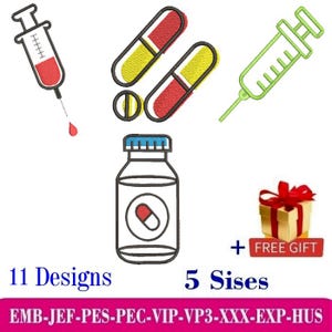 Medical Essentials Embroidery Set - 11 Designs: Syringe, Pill Capsule, Children&#39;s Syrup Bottle, First Aid Box, Colorful Tablets