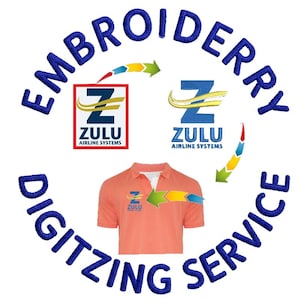 Peut inclure: Image publicitaire pour les services de broderie et de numérisation. Le design présente le texte "EMBROIDERY DIGITIZING SERVICE" en bleu, entourant un polo pêche et deux logos "ZULU AIRLINE SYSTEMS". Flèches et éléments de design multicolores.