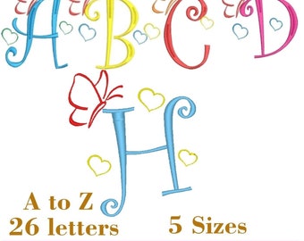 Charming Monogram Alphabet 26 Machine Embroidery Designs Adorned with Beautiful Butterflies and Lovely Hearts