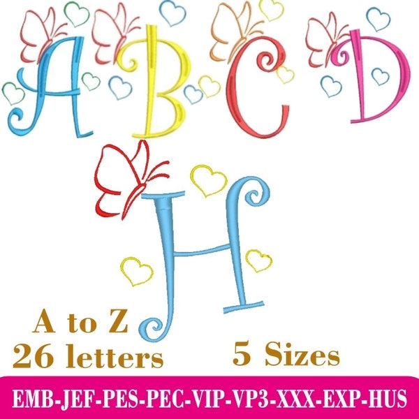 Charming Monogram Alphabet 26 Machine Embroidery Designs Adorned with Beautiful Butterflies and Lovely Hearts