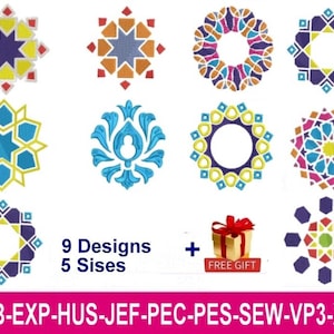 May include: Nine colorful geometric embroidery designs with a star or floral motif. The designs are available in five sizes. A free gift is included.