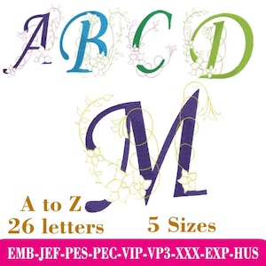 Monograma Floral Vine Letters, lindo alfabeto de A a Z 26 letras padrão de bordado à máquina, letras infantis, nome próprio infantil lindamente decorado,