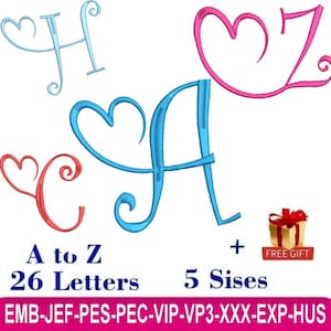 Peut inclure: Un design numérique avec les lettres A, C, H et Z de différentes couleurs, chacune ornée d'un cœur. L'image comprend le texte "A to Z 26 Letters 5 Sises" et un petit coffret cadeau avec un nœud rouge.