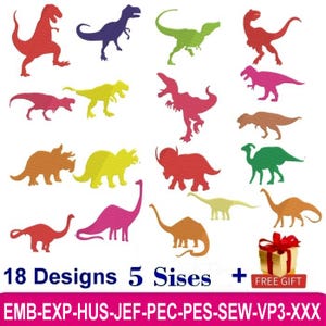 May include: 18 colorful dinosaur silhouette designs in 5 sizes.  The designs include a variety of dinosaurs, including a T-Rex, Triceratops, Stegosaurus, and Brachiosaurus.  The designs are perfect for embroidery, applique, and other crafting projects.  EMB-EXP-HUS-JEF-PEC-PES-SEW-VP3-XXX