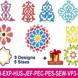 May include: Nine embroidery designs featuring geometric and floral patterns in various colors, including pink, blue, yellow, red, and green. The designs are available in five sizes. The image also includes the text "9 Designs 5 Sizes" and "FREE GIFT".