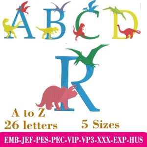 Encantamiento Jurásico 26 diseños de dinosaurios de la A a la Z Alfabeto Diseño de bordado de máquina de dinosaurios, alfabeto de letras de dinosaurios, multicolor