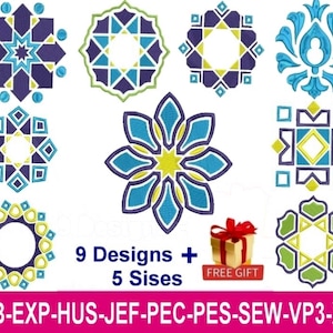 Traditionella marockanska Zellige-maskinbroderimönster, geometrisk rosett, orientalisk Amazigh Berber-mandala, Maghreb-broderimattor