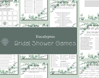 May include: A set of printable bridal shower games with a eucalyptus theme. The games include Bingo, Would She Rather, How Well Do You Know the Bride, Where Were They, and Mad Libs.