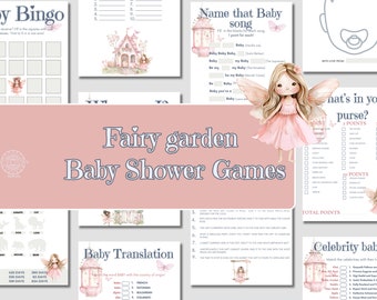 May include: A set of printable baby shower games with a fairy garden theme. The games include Baby Bingo, Name that Baby Song, What's in Your Purse, Baby Translation, and Celebrity Babies. The games are designed with a pink and green colour scheme and feature illustrations of fairies and a cute little house.