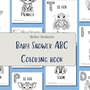 以下が含まれることがあります： ボホなテーマの白黒塗り絵。表紙には「Boho Animals Baby Shower ABC Coloring Book」の文字が書かれています。各ページにはアルファベットの異なる文字と、牛、サル、カメ、クマ、イグアナ、ライオン、鹿などの動物が描かれています。
