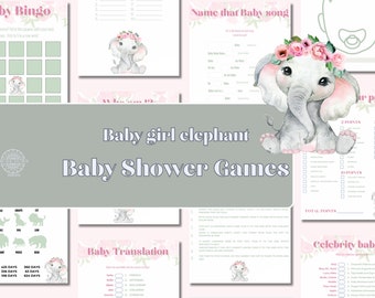 May include: A set of printable baby shower games featuring a cute cartoon elephant with pink flowers. The games include Baby Bingo, Name that Baby Song, Baby Translation, and Celebrity Babies.