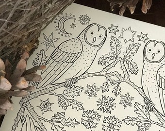 In the Winter Woods Coloring Page - Winter Owls - Digital Download