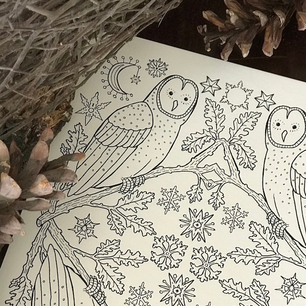 In the Winter Woods Coloring Page - Winter Owls - Digital Download