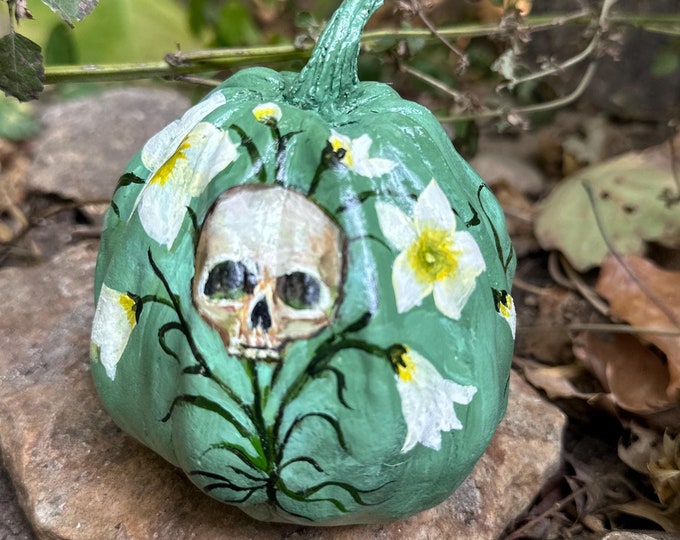 Skull and Bellflowers - Hand-Sculpted and Painted Pumpkin