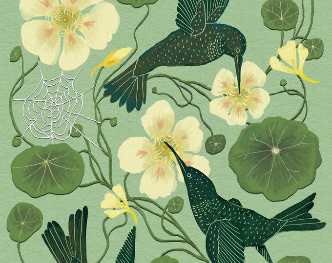 Hummingbirds and Nasturtium - Botanical Art - Bird Art - Print