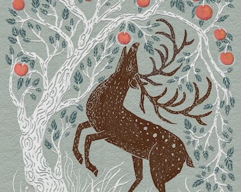 Stag Under an Apple Tree - Art Print