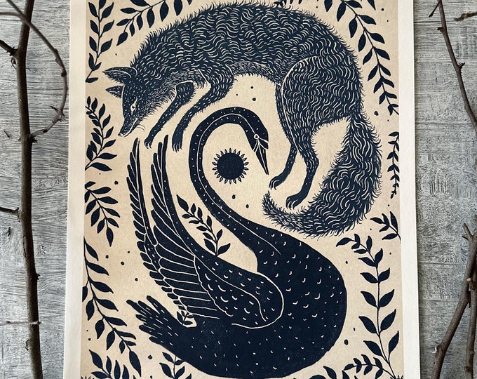 Blue Fox and Swan - Art Print