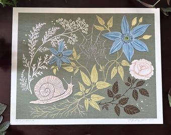 Snail and Spiderweb - Botanical Art - Art Print