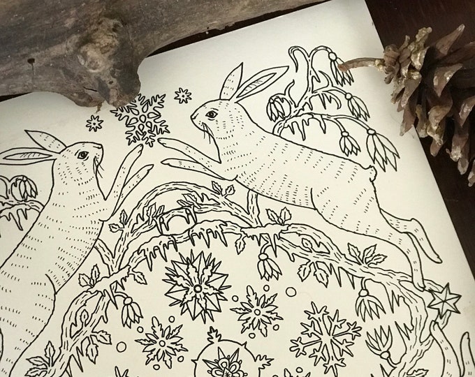 In the Winter Woods Coloring Page - Winter Rabbits - Digital Download