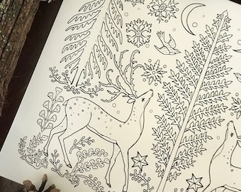 In the Winter Woods Coloring Page - Winter Deer - Digital Download